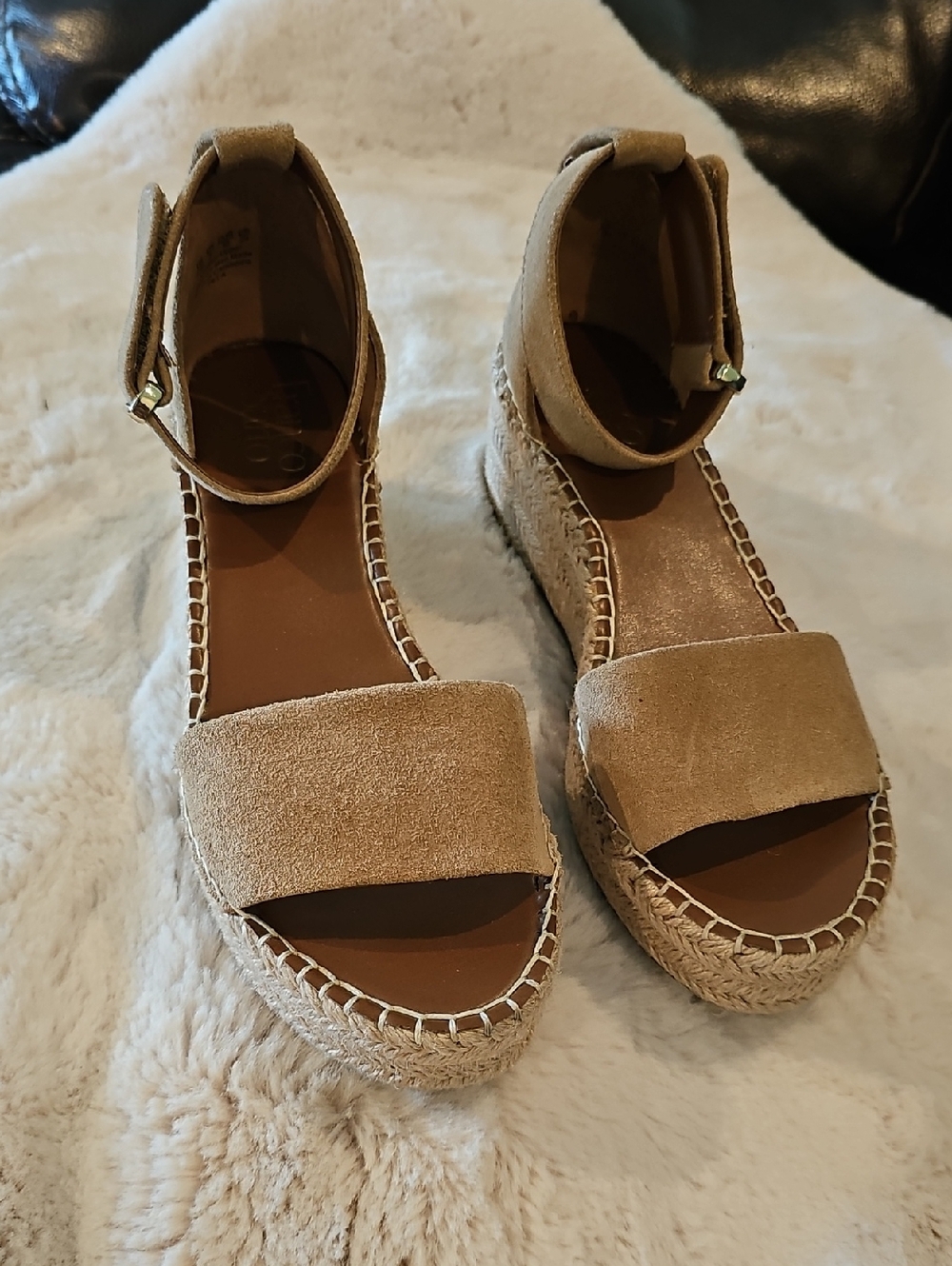 Franco Sarto Tan Suede Ankle-Strap Espadrille Wedges